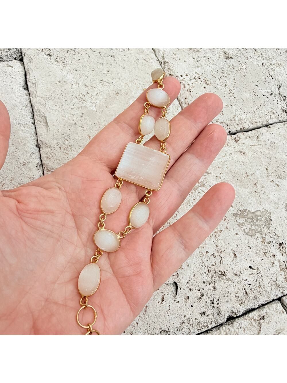 Natural Selenite 925 Sterling Silver Plated Toggle Bracelet